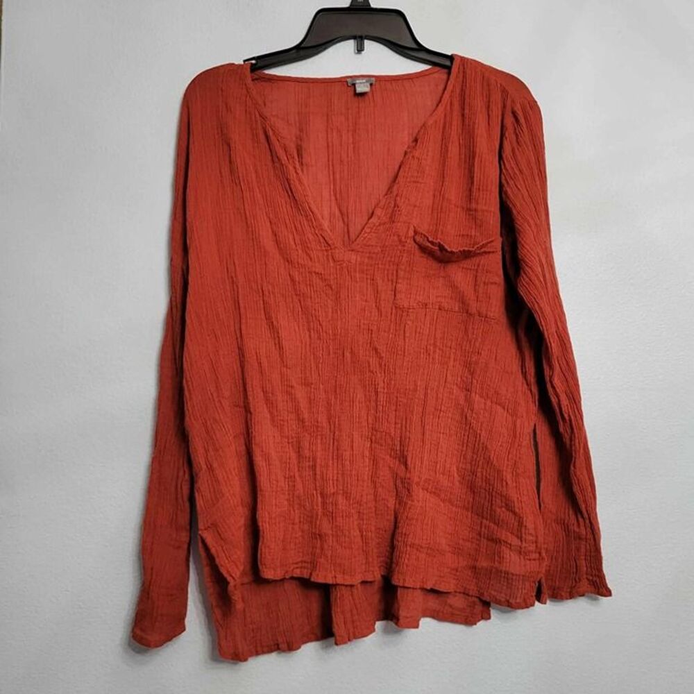Aerie Womens V-Neck Lightweight Pullover Crinkle Tunic Rust Orange Relaxed SM